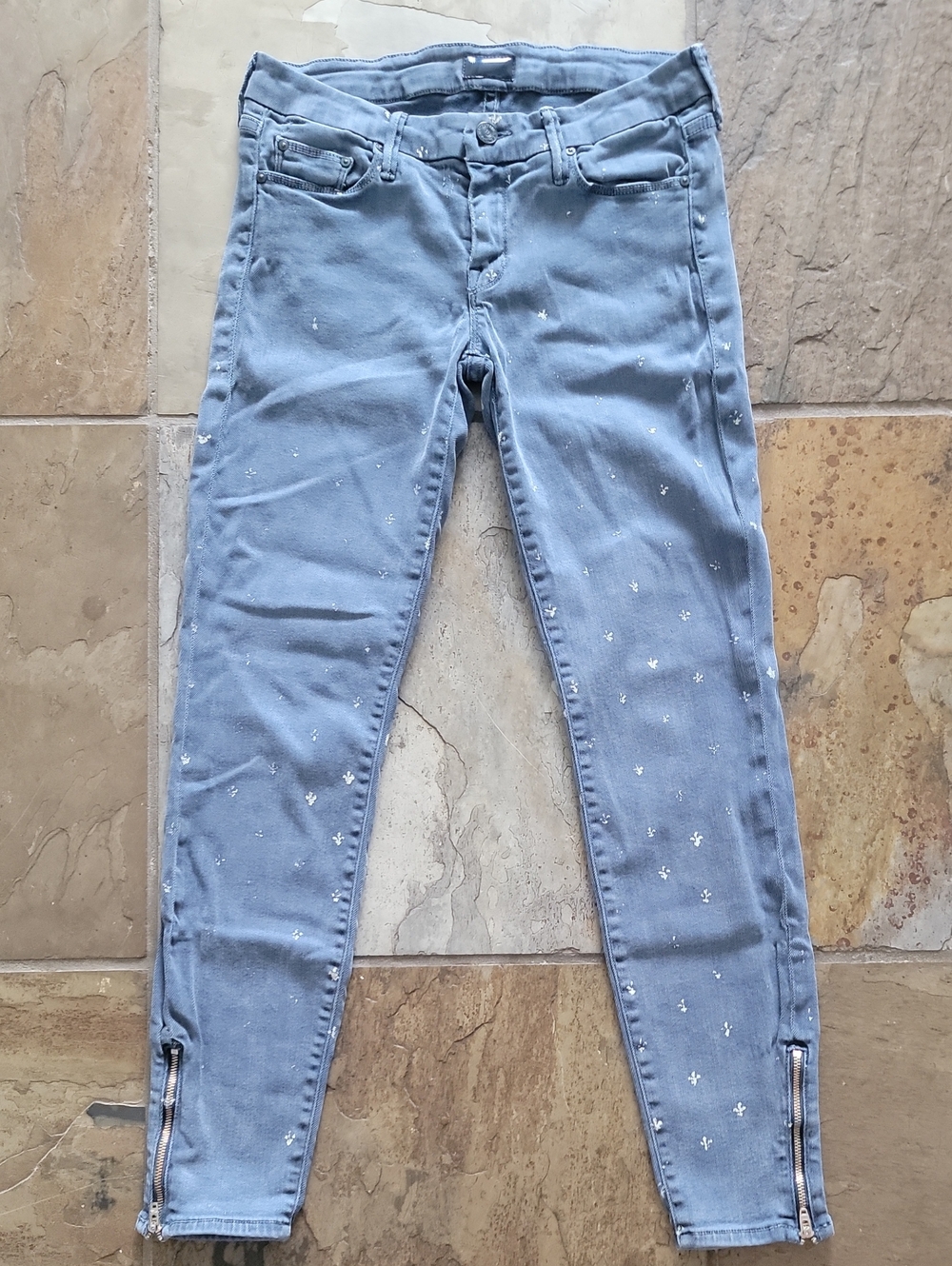 MOTHER Light Blue Skinny Jeans with White Le Fleur Accents and Ankle Zips